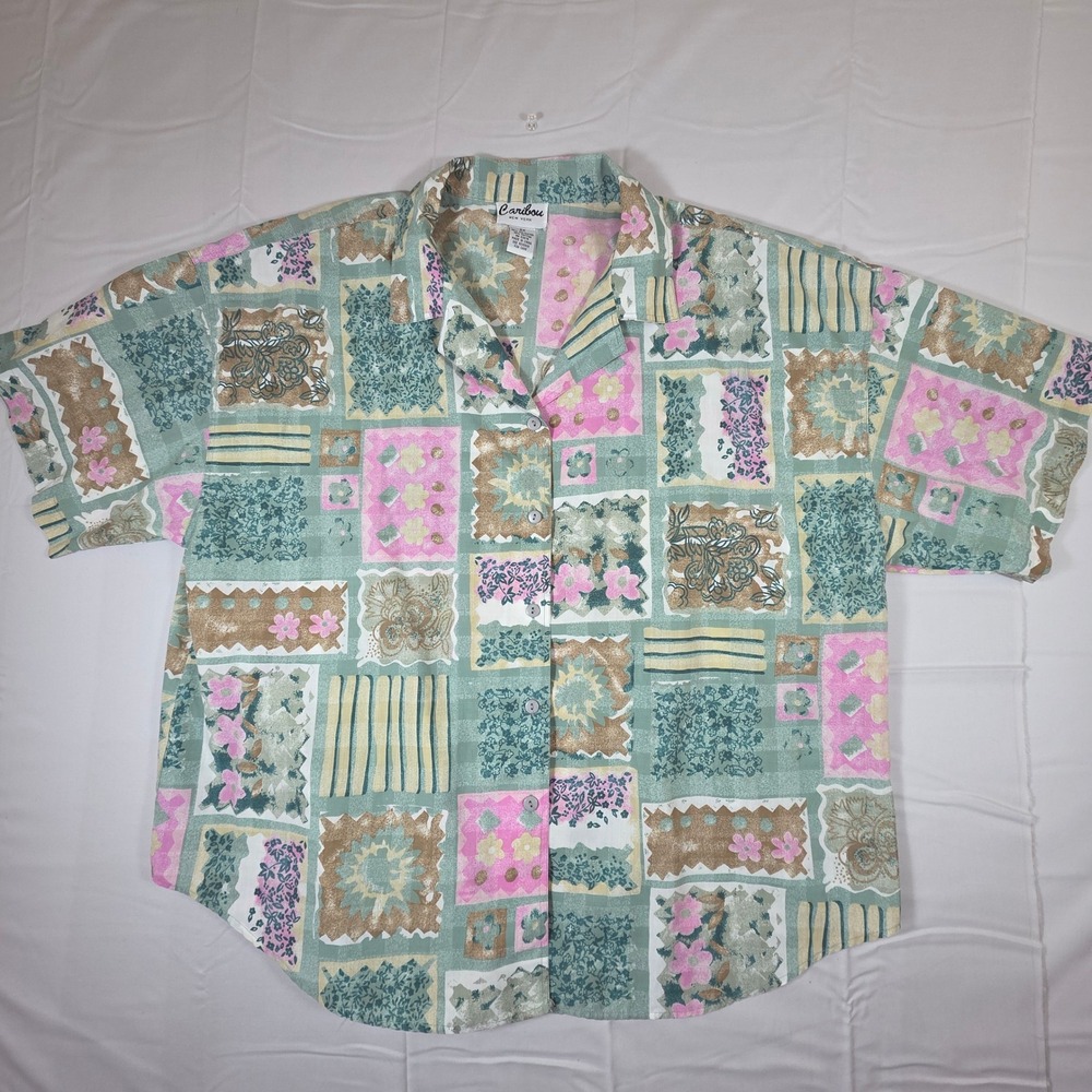 Caribou New York Vintage Patchwork Button Down Shirt Pink Green 2X